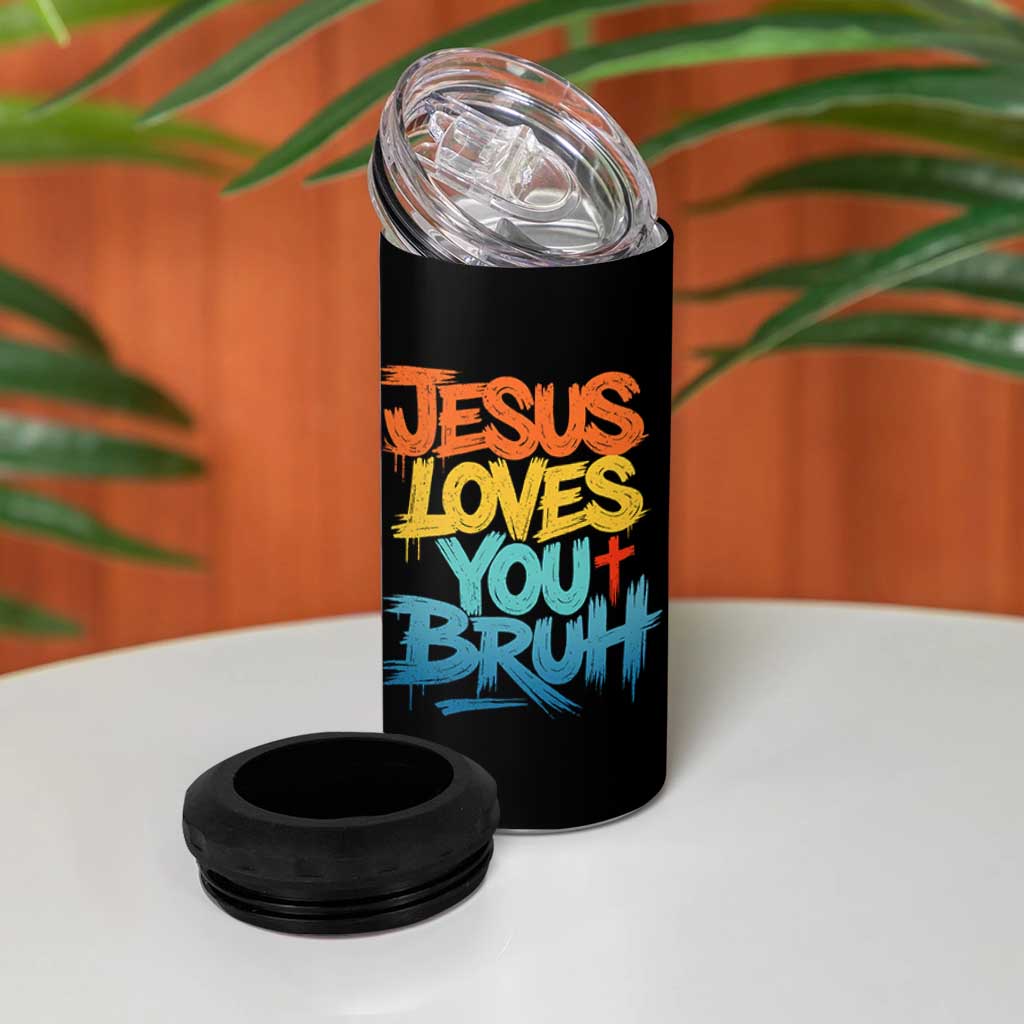 Jesus Loves You Bruh 4 in 1 Can Cooler Tumbler Funny Christian Believer Faith God Retro Religious