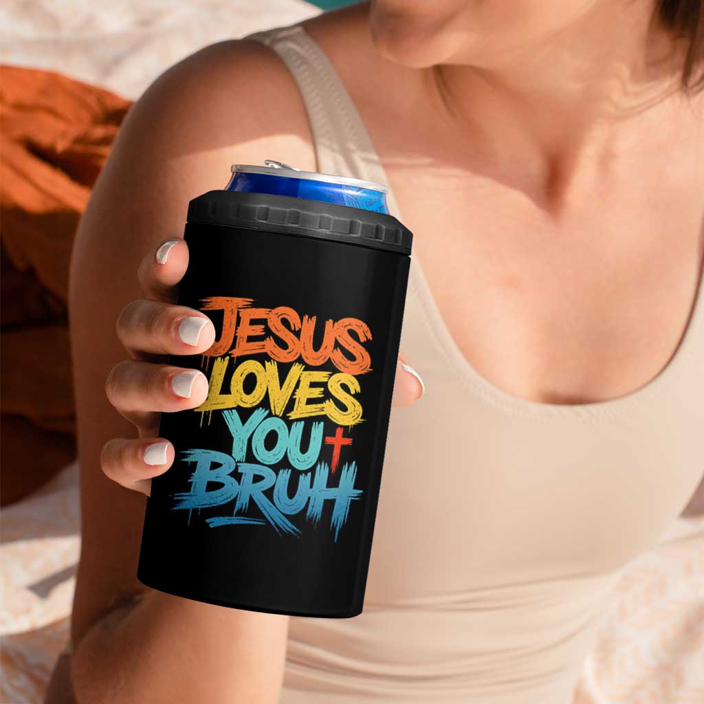 Jesus Loves You Bruh 4 in 1 Can Cooler Tumbler Funny Christian Believer Faith God Retro Religious