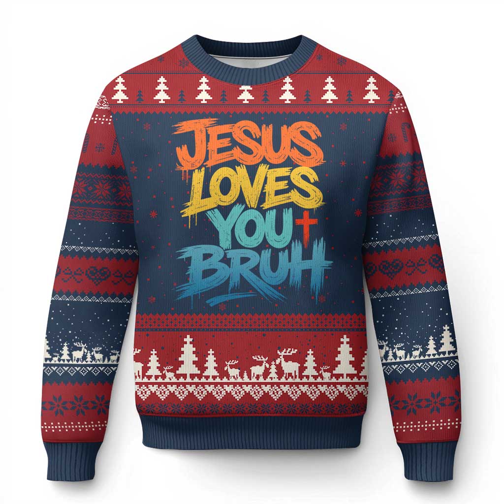 Jesus Loves You Bruh Ugly Christmas Sweater Funny Christian Believer Faith God Retro Religious