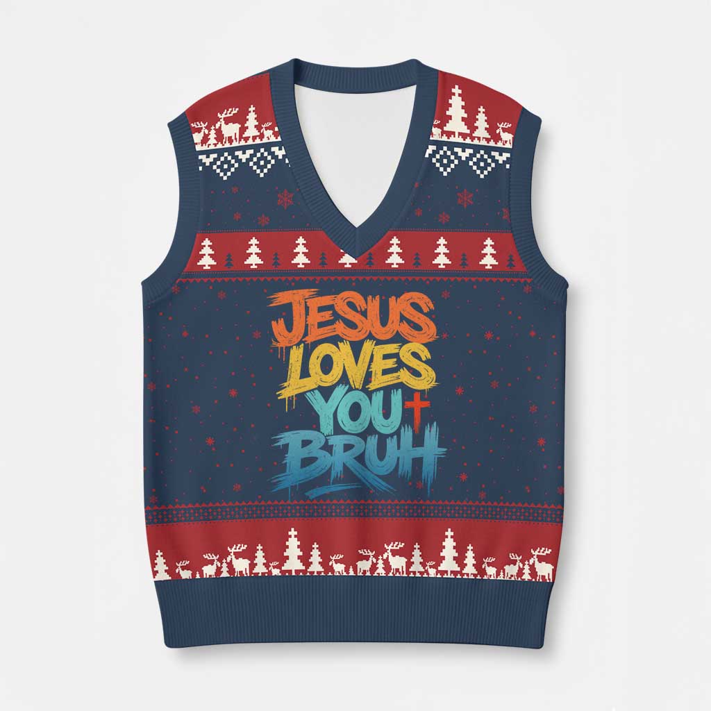 Jesus Loves You Bruh V-Neck Knit Sweater Vest Funny Christian Believer Faith God Retro Religious