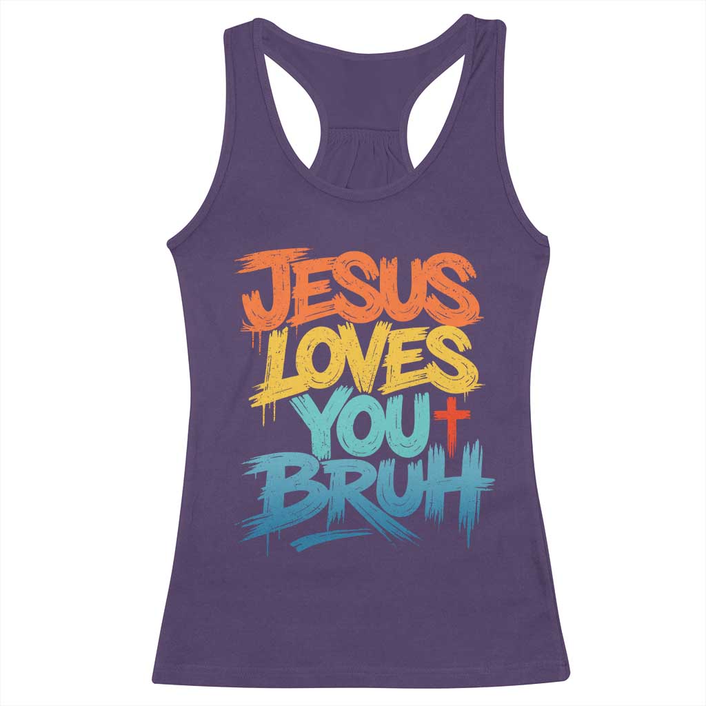 Jesus Loves You Bruh Racerback Tank Top Funny Christian Believer Faith God Retro Religious