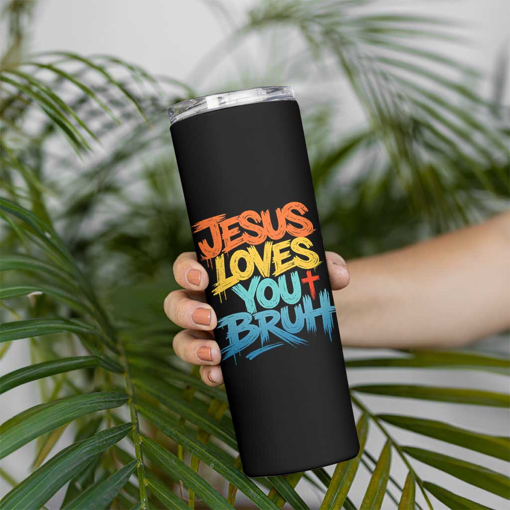 Jesus Loves You Bruh Skinny Tumbler Funny Christian Believer Faith God Retro Religious
