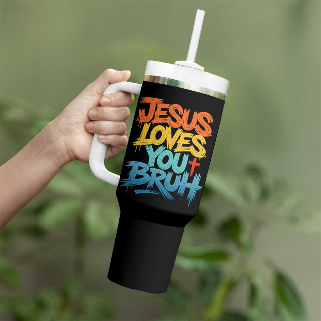 Jesus Loves You Bruh Tumbler With Handle Funny Christian Believer Faith God Retro Religious