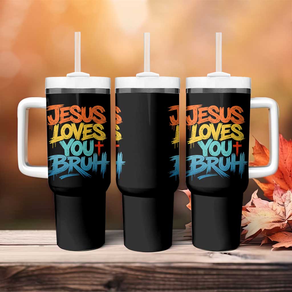 Jesus Loves You Bruh Tumbler With Handle Funny Christian Believer Faith God Retro Religious