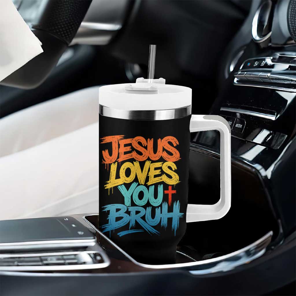 Jesus Loves You Bruh Tumbler With Handle Funny Christian Believer Faith God Retro Religious