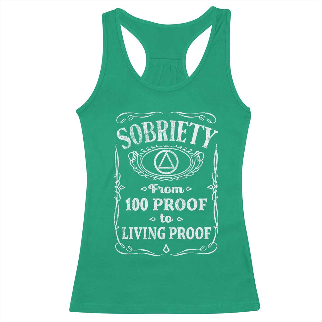 Sobriety From 100 Proof To Living Proof Racerback Tank Top Sober Anniversary AA NA Recovery