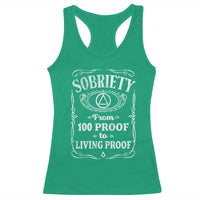 Sobriety From 100 Proof To Living Proof Racerback Tank Top Sober Anniversary AA NA Recovery