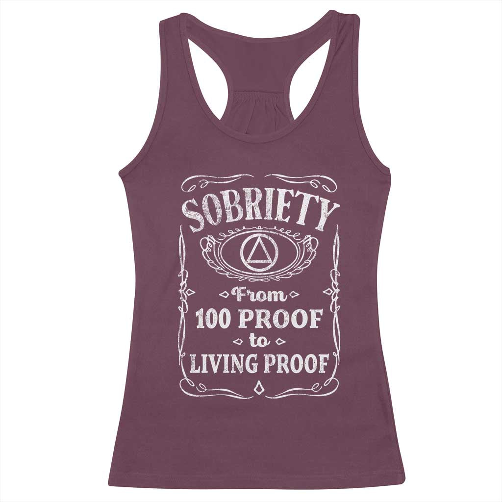 Sobriety From 100 Proof To Living Proof Racerback Tank Top Sober Anniversary AA NA Recovery