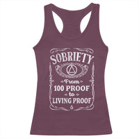 Sobriety From 100 Proof To Living Proof Racerback Tank Top Sober Anniversary AA NA Recovery