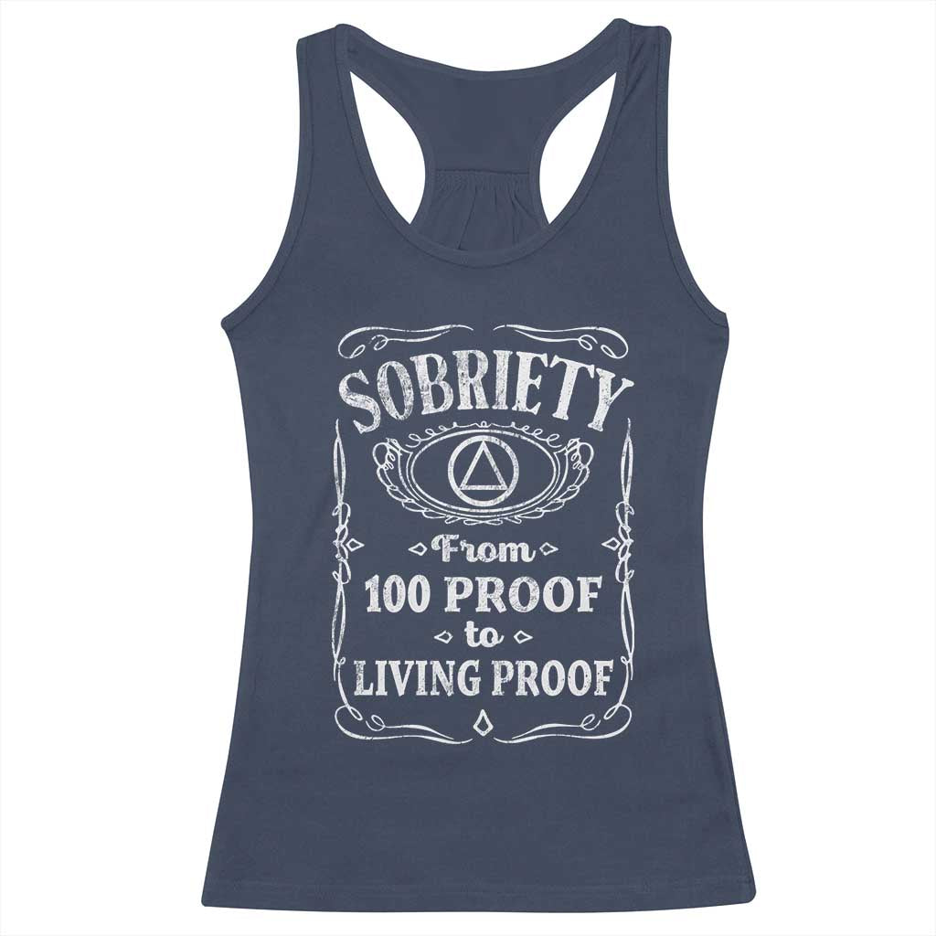 Sobriety From 100 Proof To Living Proof Racerback Tank Top Sober Anniversary AA NA Recovery
