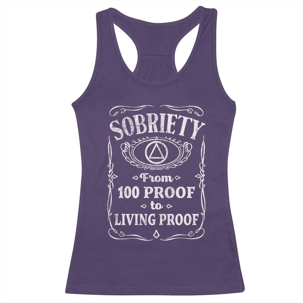 Sobriety From 100 Proof To Living Proof Racerback Tank Top Sober Anniversary AA NA Recovery