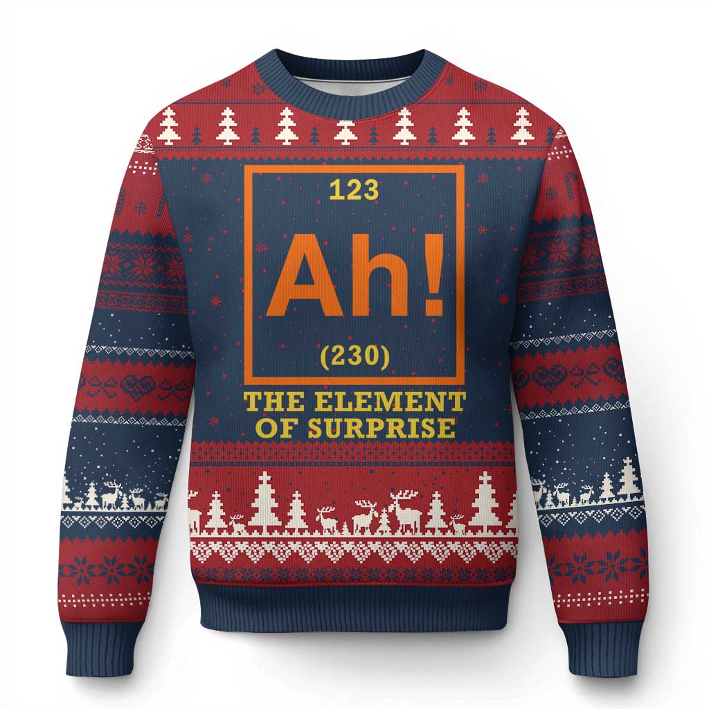 Ah The Element Of Surprise Ugly Christmas Sweater Chemistry Science Humor Retro Periodic Table