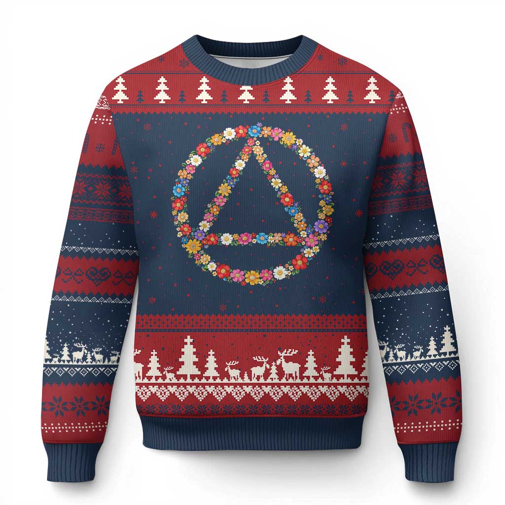 AA Sober Retro Flower Symbol Serenity Recovery Ugly Christmas Sweater