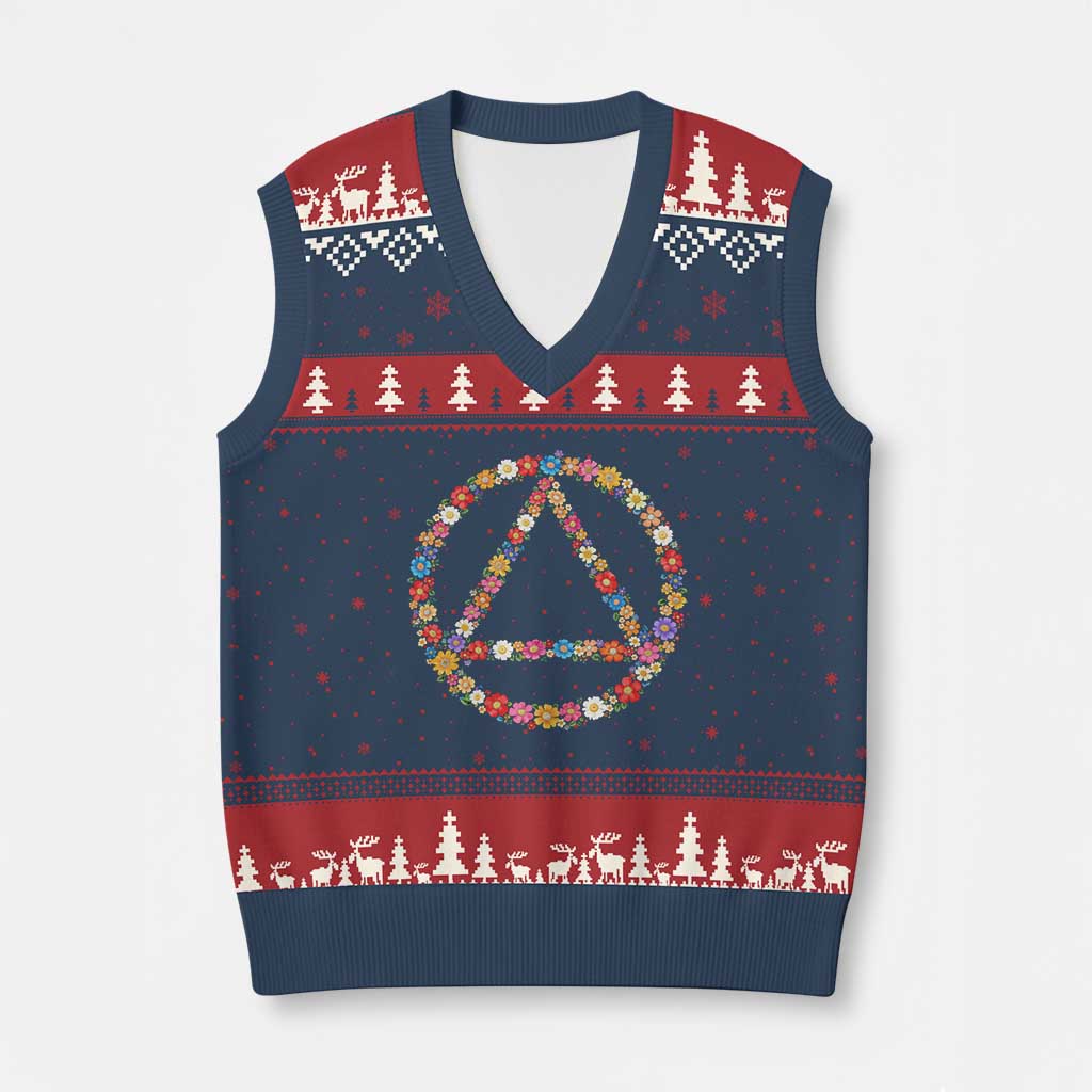 AA Sober Retro Flower Symbol Serenity Recovery V-Neck Knit Sweater Vest