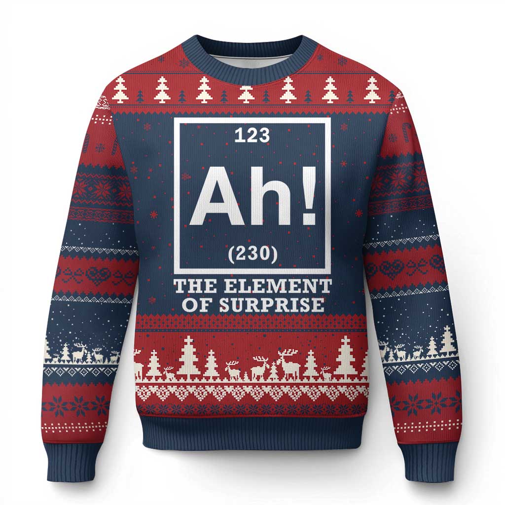 Ah The Element Of Surprise Ugly Christmas Sweater Funny Chemistry Science Pun