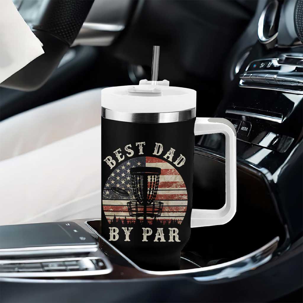 Funny Disc Golf Dad Best Dad By Par Tumbler With Handle Vintage American Flag Fathers Day