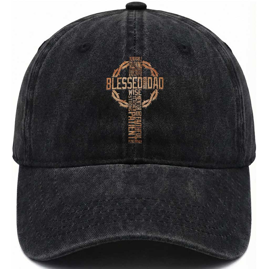 Blessed Dad Christian Washed Cotton Baseball Cap Religious Cross Fathers Day