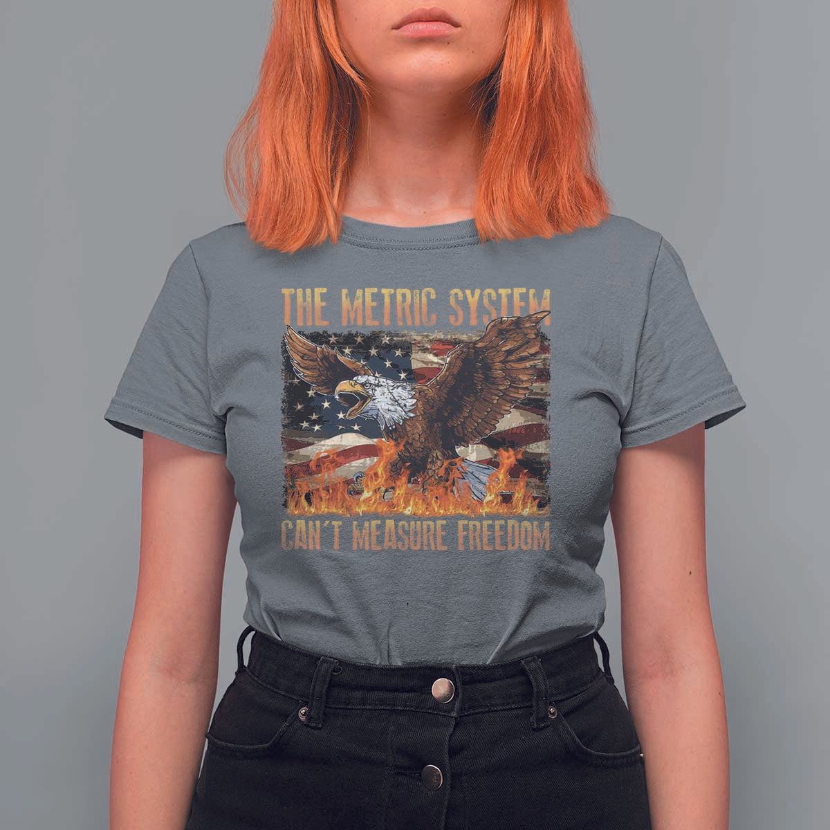 Funny The Metric System Can't Measure Freedom T Shirt For Women 4th of July Fire Eagle USA Flag Meme - Wonder Print Shop