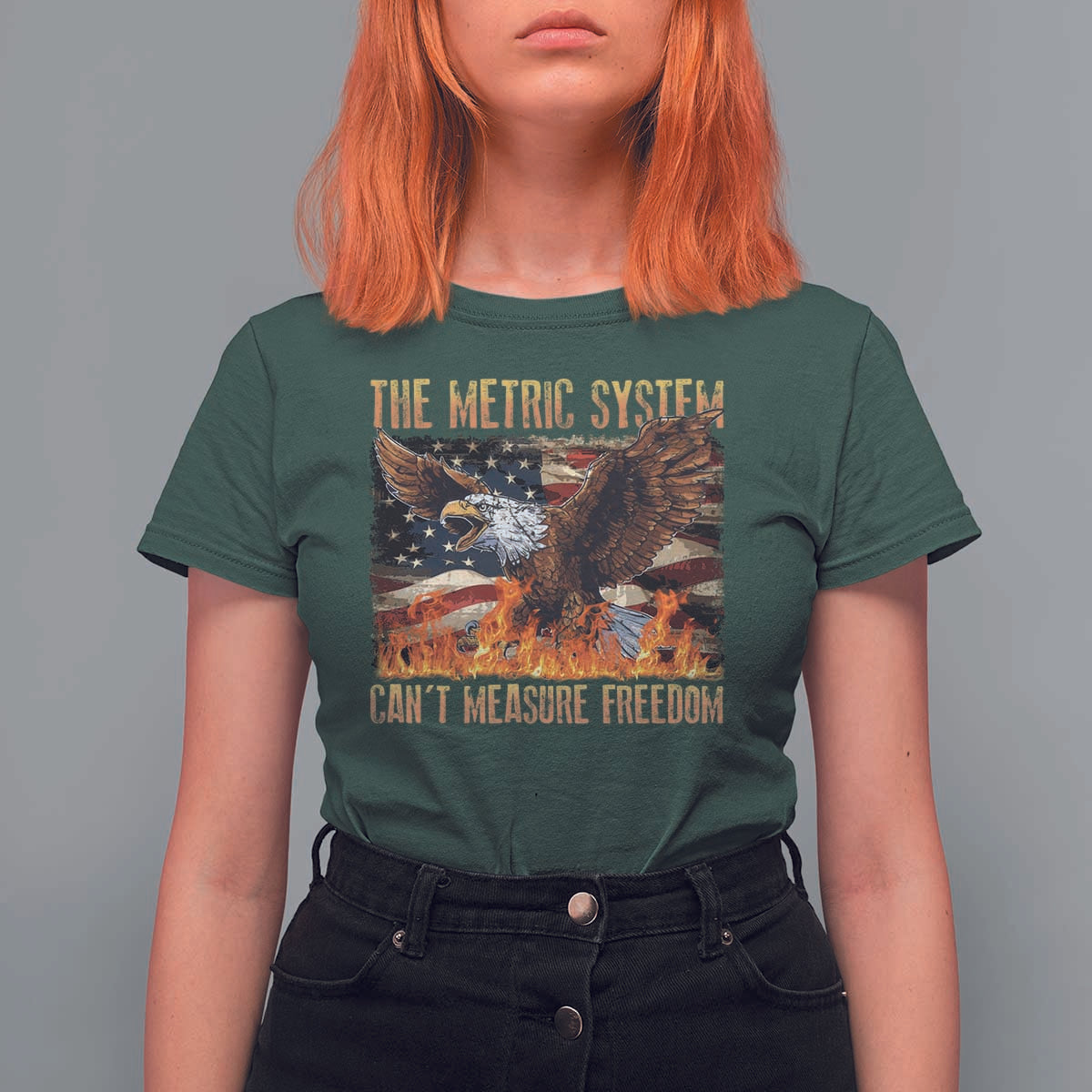 Funny The Metric System Can't Measure Freedom T Shirt For Women 4th of July Fire Eagle USA Flag Meme - Wonder Print Shop