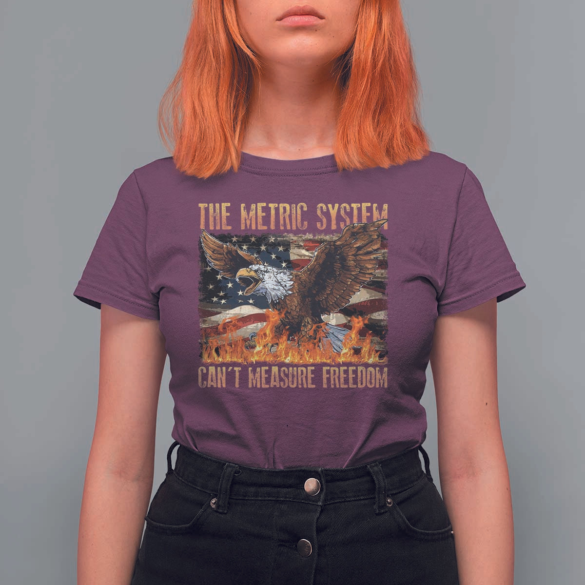 Funny The Metric System Can't Measure Freedom T Shirt For Women 4th of July Fire Eagle USA Flag Meme - Wonder Print Shop