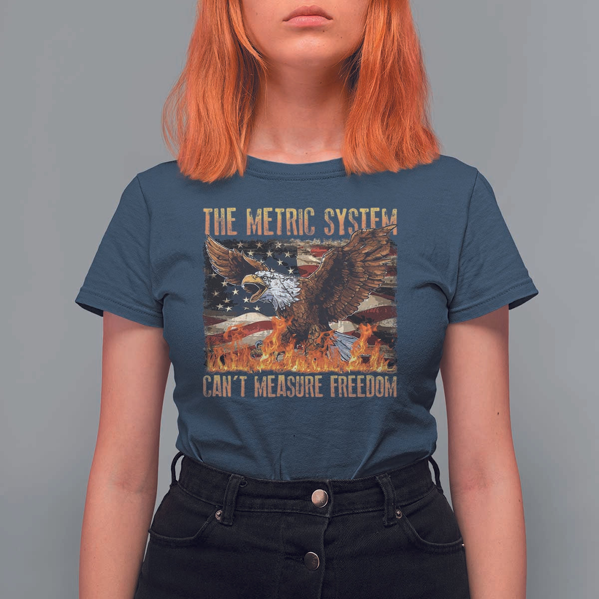 Funny The Metric System Can't Measure Freedom T Shirt For Women 4th of July Fire Eagle USA Flag Meme - Wonder Print Shop