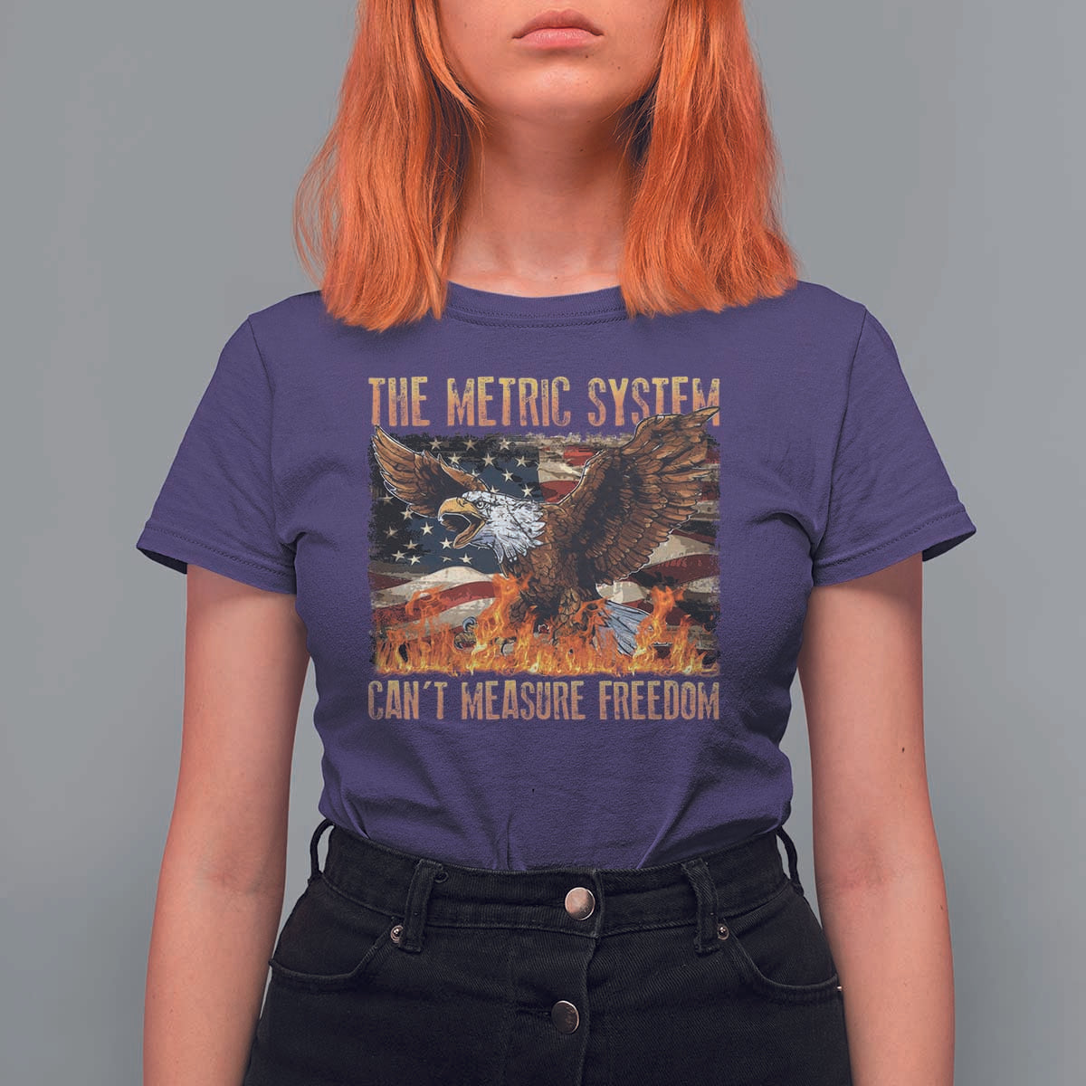 Funny The Metric System Can't Measure Freedom T Shirt For Women 4th of July Fire Eagle USA Flag Meme - Wonder Print Shop