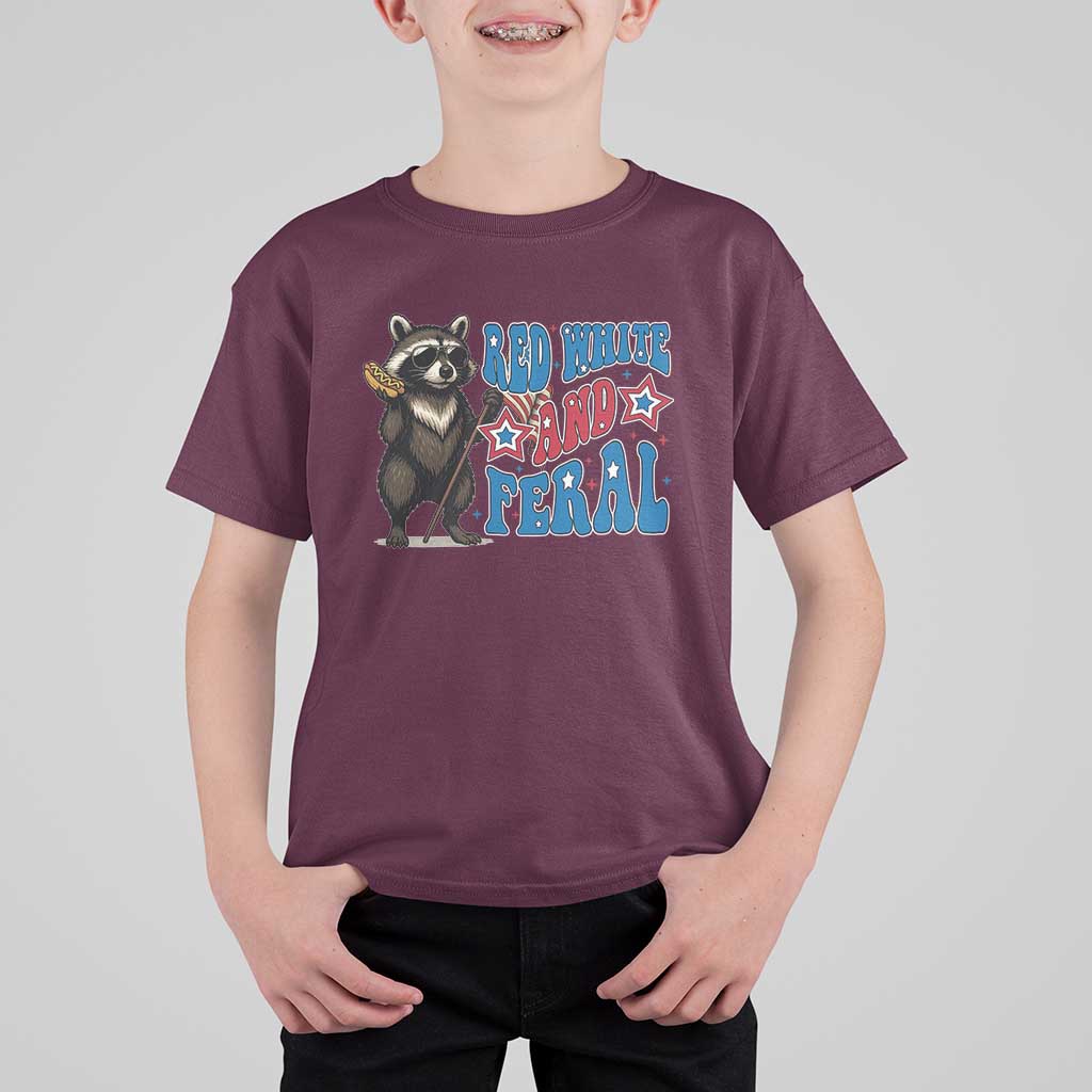 Funny Red White And Feral T Shirt For Kid Raccoon 4th of July Patriotic - Wonder Print Shop
