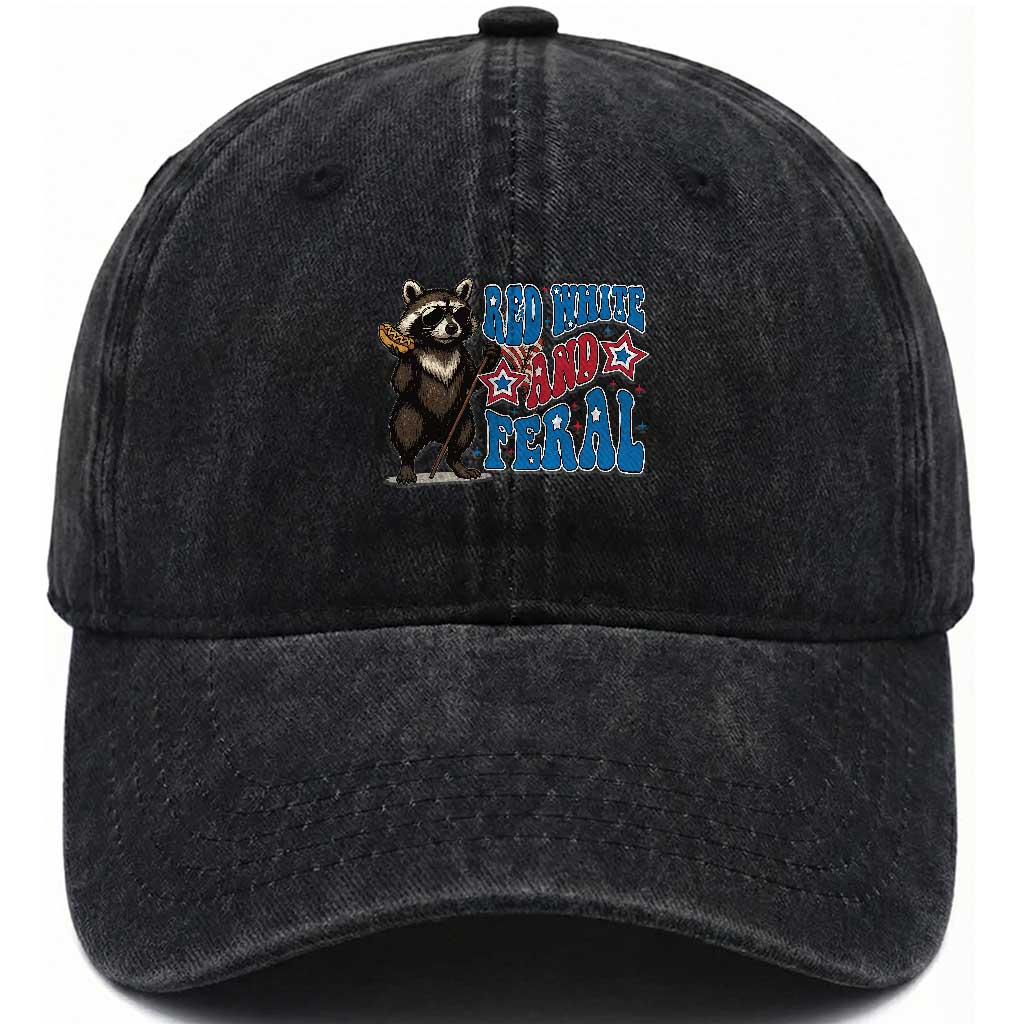 Funny Red White And Feral Washed Cotton Baseball Cap Raccoon 4th of July Patriotic
