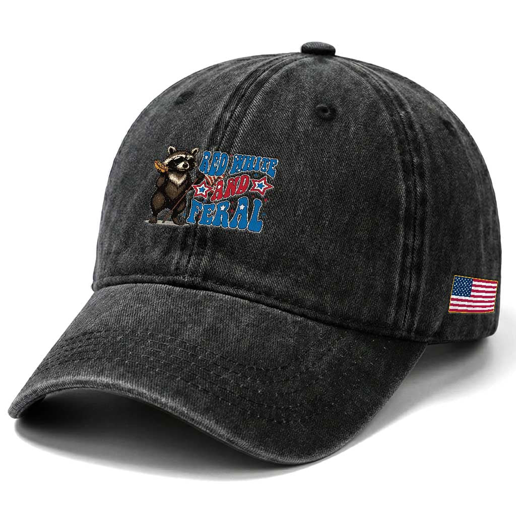 Funny Red White And Feral Washed Cotton Baseball Cap Raccoon 4th of July Patriotic
