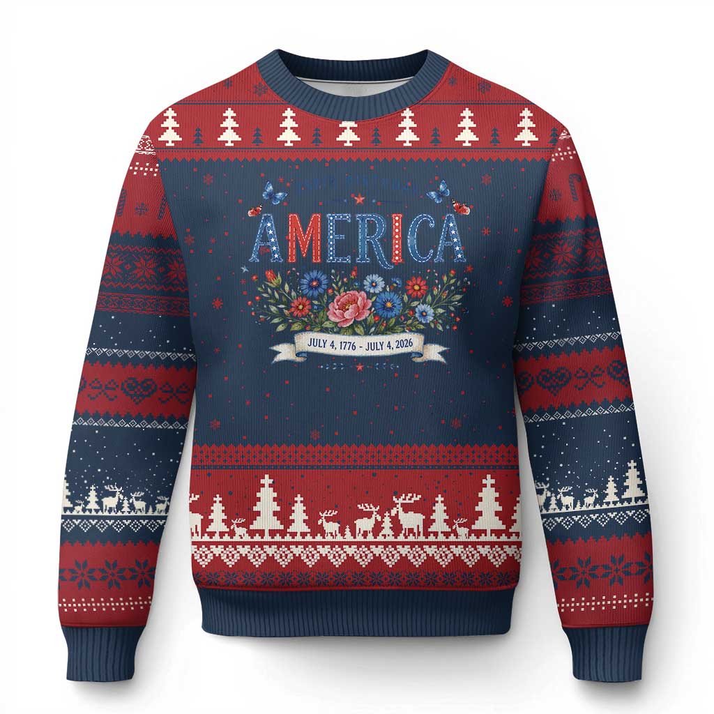 Floral 250th Birthday of America 250 Years USA Patriotic Ugly Christmas Sweater