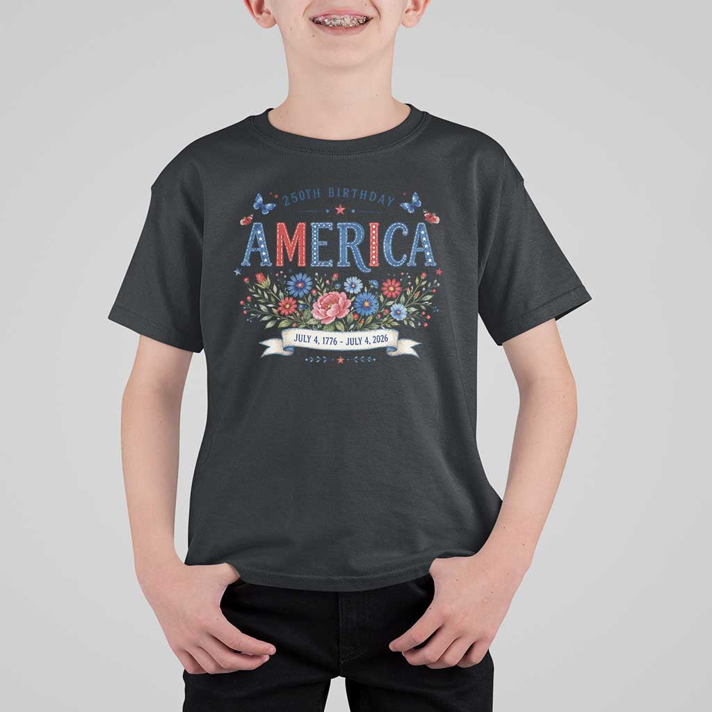 Floral 250th Birthday of America 250 Years USA Patriotic T Shirt For Kid