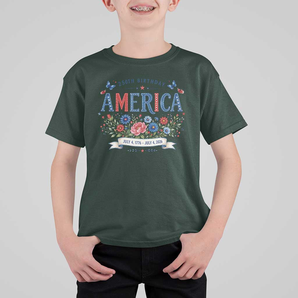 Floral 250th Birthday of America 250 Years USA Patriotic T Shirt For Kid