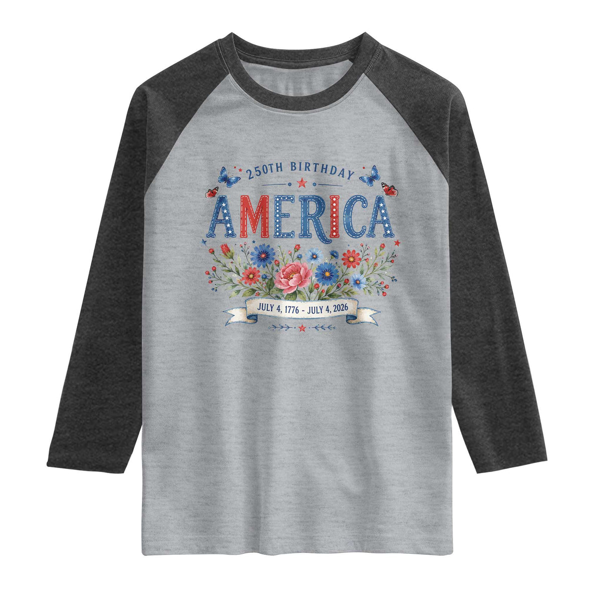 Floral 250th Birthday of America 250 Years USA Patriotic Raglan Shirt