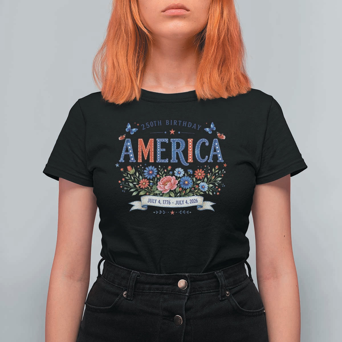 Floral 250th Birthday of America 250 Years USA Patriotic T Shirt For Women