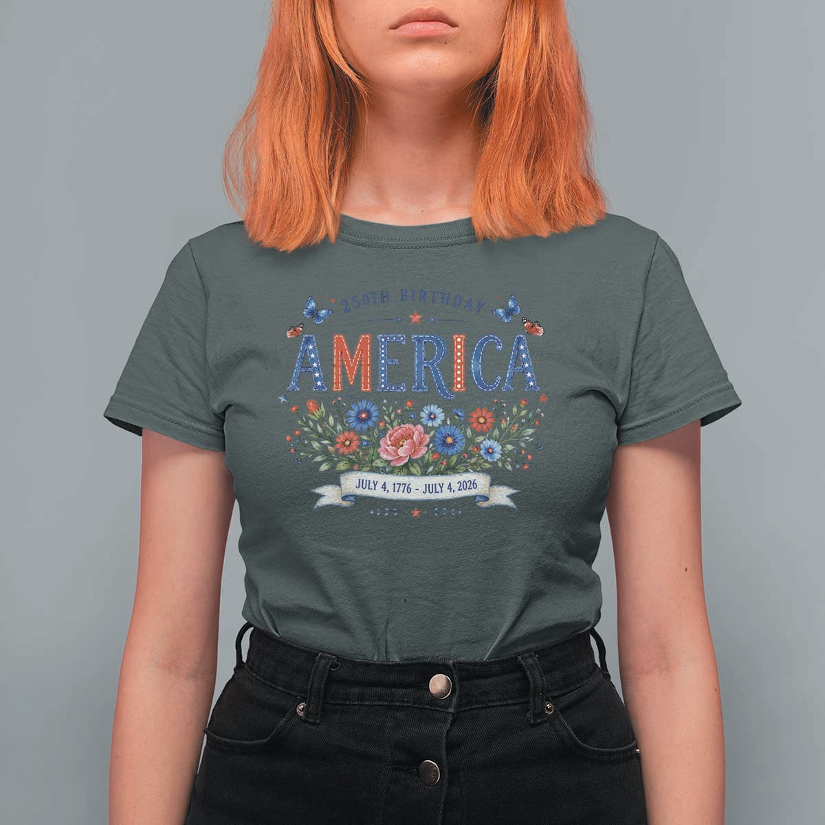 Floral 250th Birthday of America 250 Years USA Patriotic T Shirt For Women