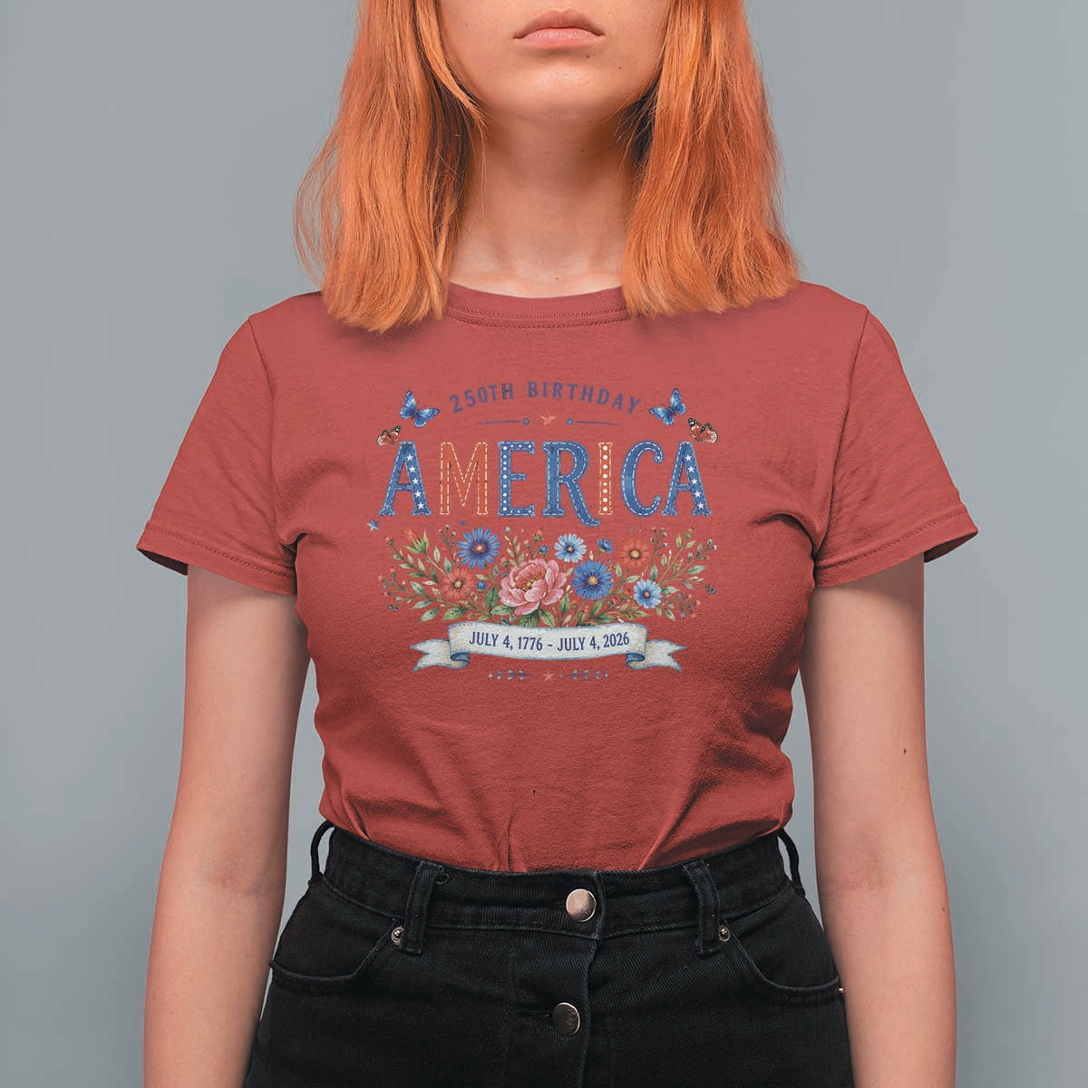 Floral 250th Birthday of America 250 Years USA Patriotic T Shirt For Women