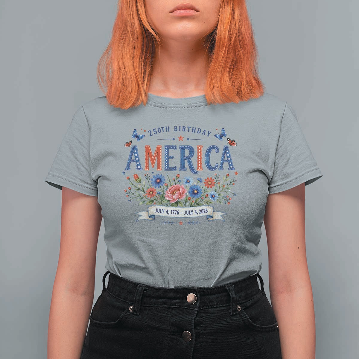 Floral 250th Birthday of America 250 Years USA Patriotic T Shirt For Women