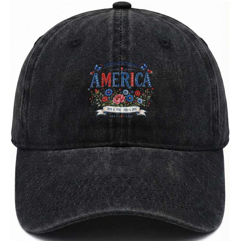 Floral 250th Birthday of America 250 Years USA Patriotic Washed Cotton Baseball Cap