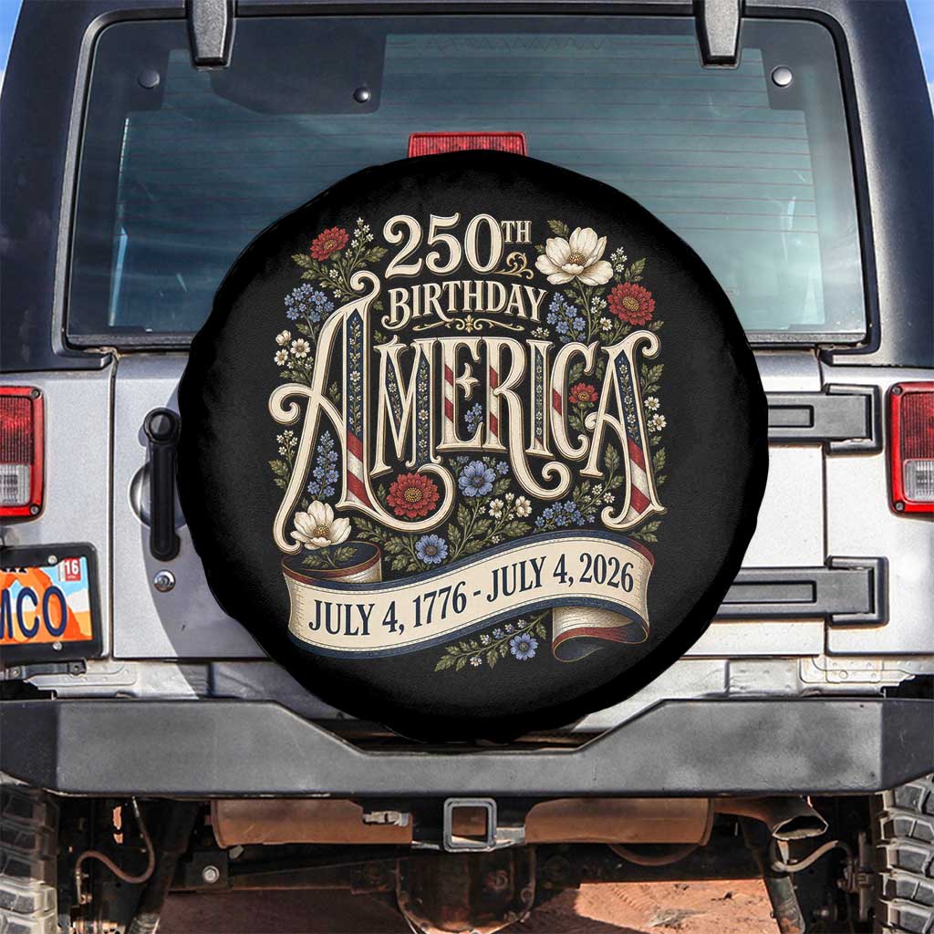 Floral America 250th Birthday Spare Tire Cover 4th of July America 250 Years Retro
