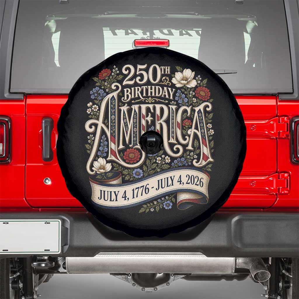 Floral America 250th Birthday Spare Tire Cover 4th of July America 250 Years Retro
