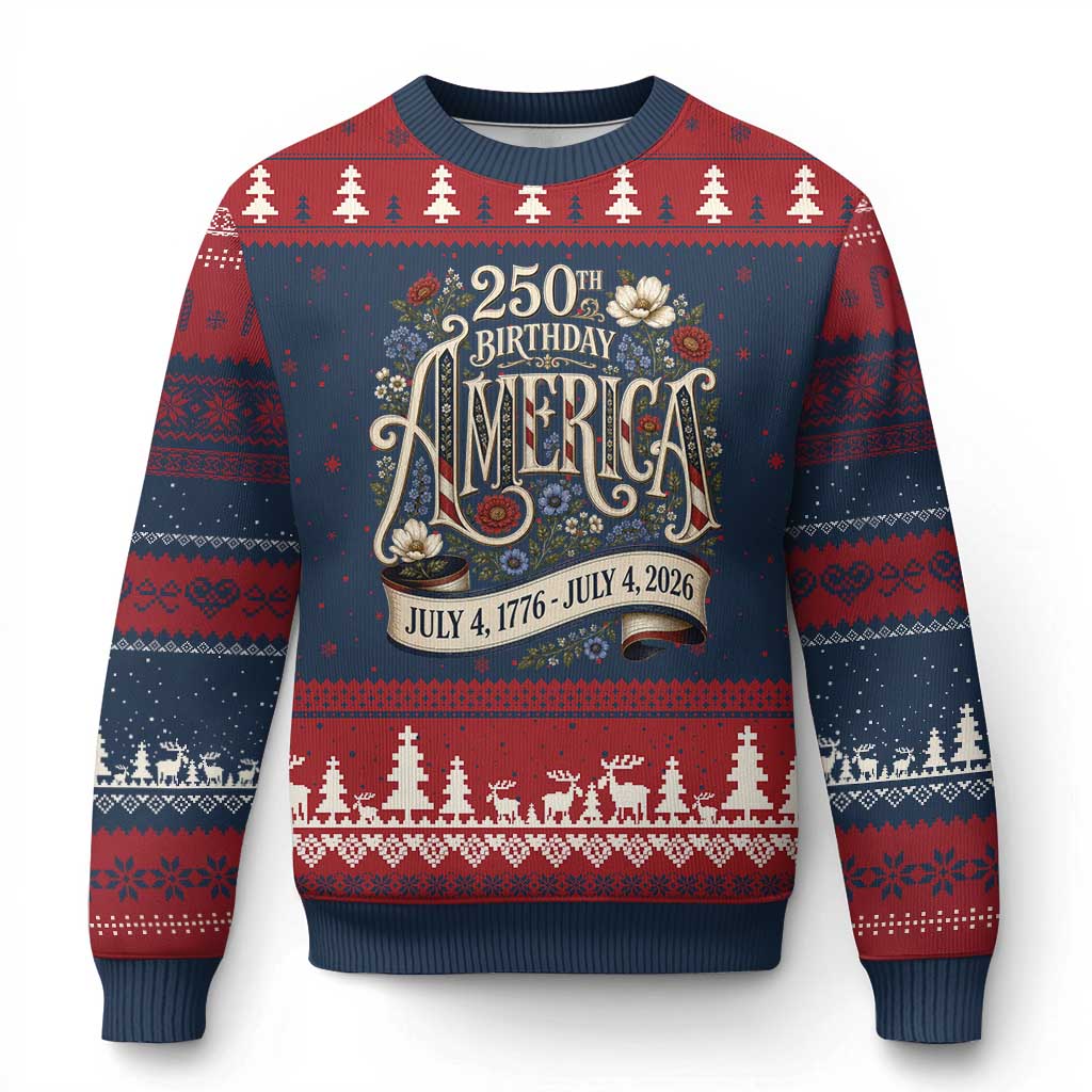 Floral America 250th Birthday Ugly Christmas Sweater 4th of July America 250 Years Retro