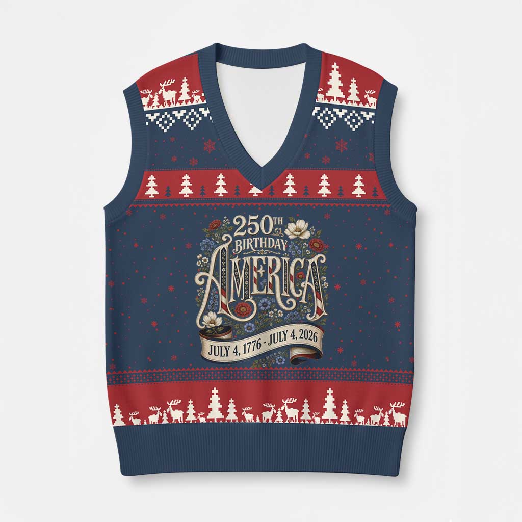 Floral America 250th Birthday V-Neck Knit Sweater Vest 4th of July America 250 Years Retro