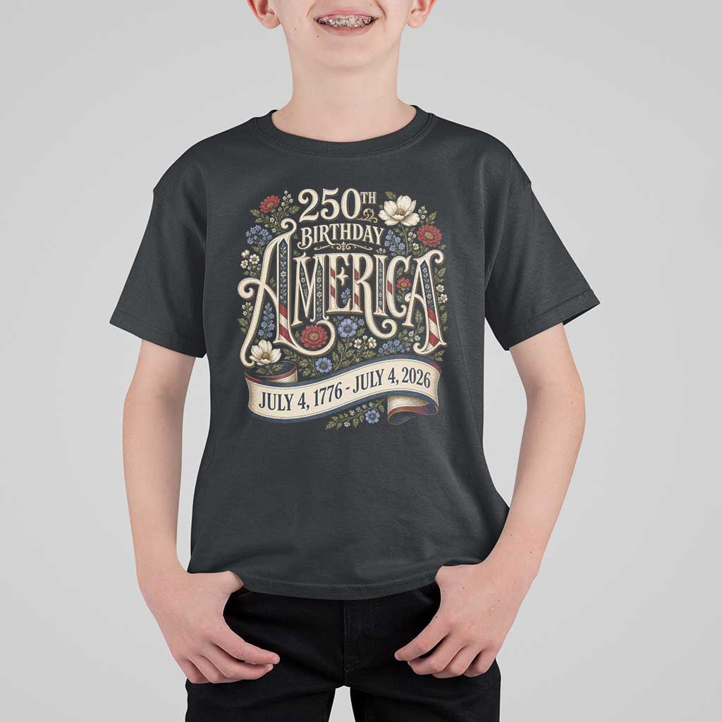 Floral America 250th Birthday T Shirt For Kid 4th of July America 250 Years Retro