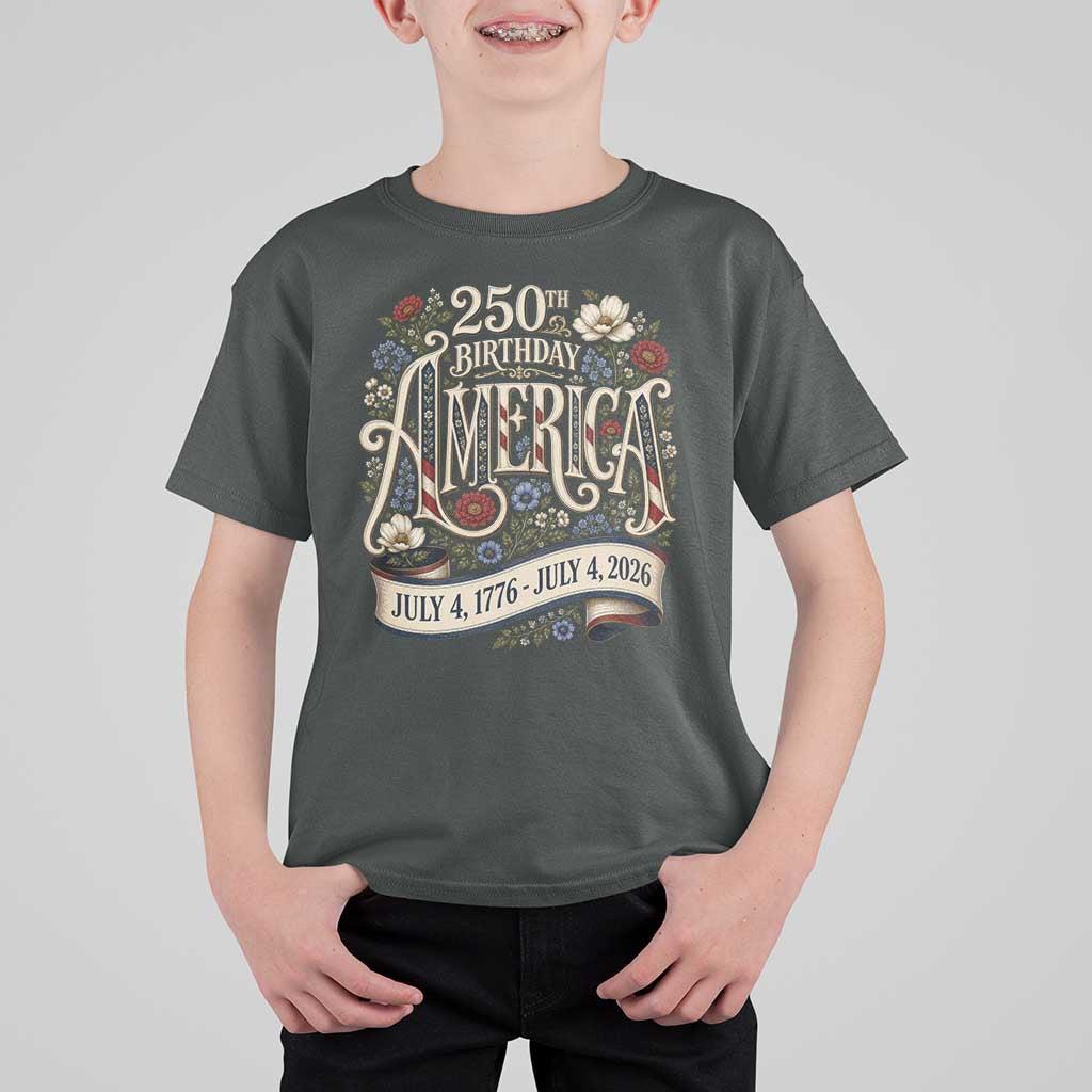 Floral America 250th Birthday T Shirt For Kid 4th of July America 250 Years Retro