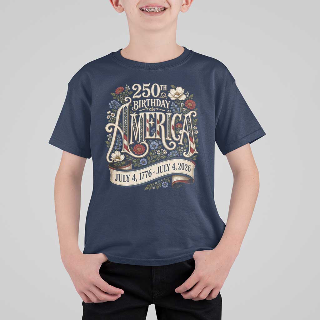 Floral America 250th Birthday T Shirt For Kid 4th of July America 250 Years Retro