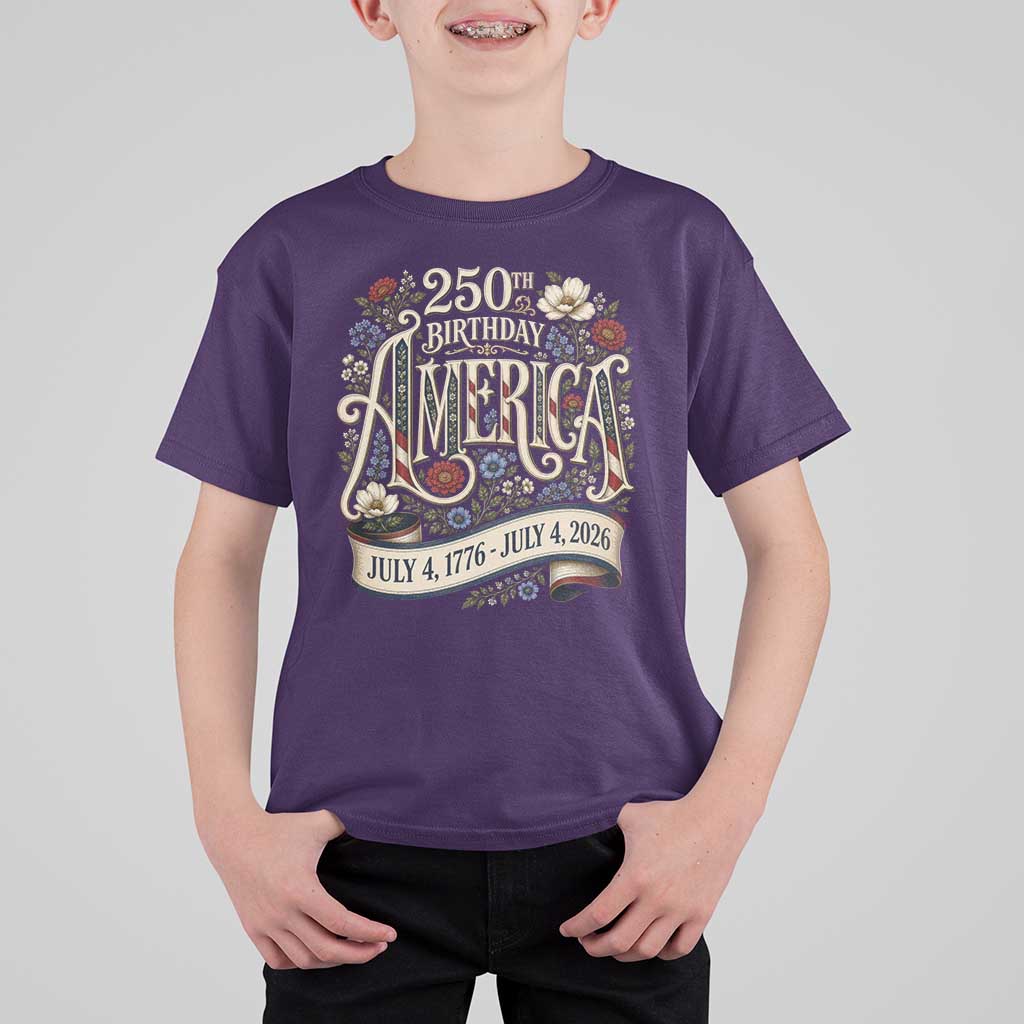 Floral America 250th Birthday T Shirt For Kid 4th of July America 250 Years Retro