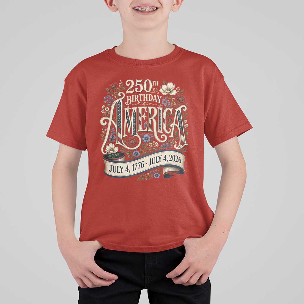 Floral America 250th Birthday T Shirt For Kid 4th of July America 250 Years Retro
