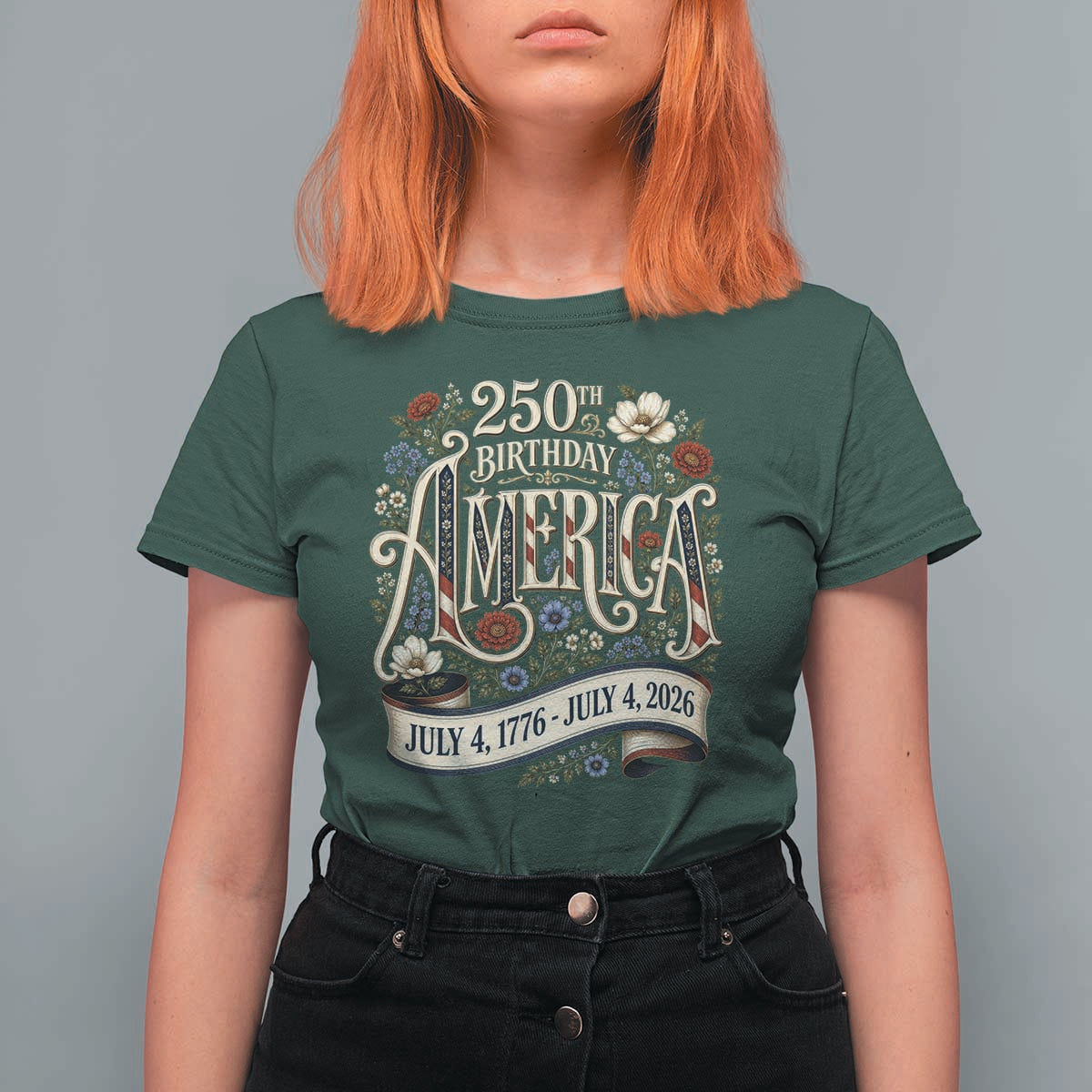 Floral America 250th Birthday T Shirt For Women 4th of July America 250 Years Retro