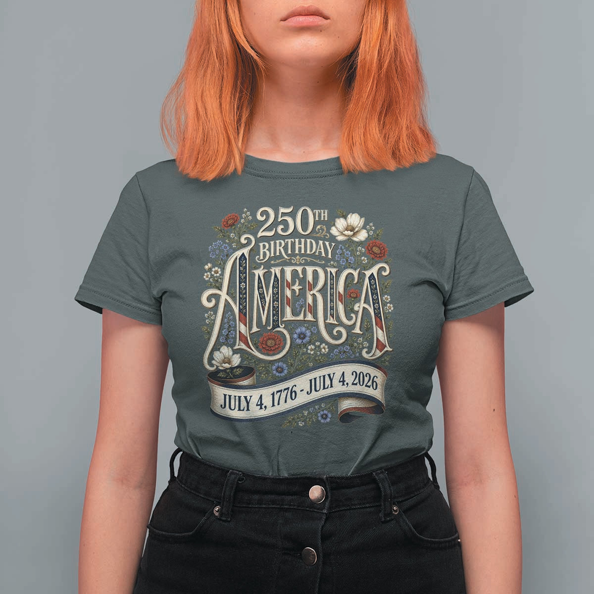 Floral America 250th Birthday T Shirt For Women 4th of July America 250 Years Retro