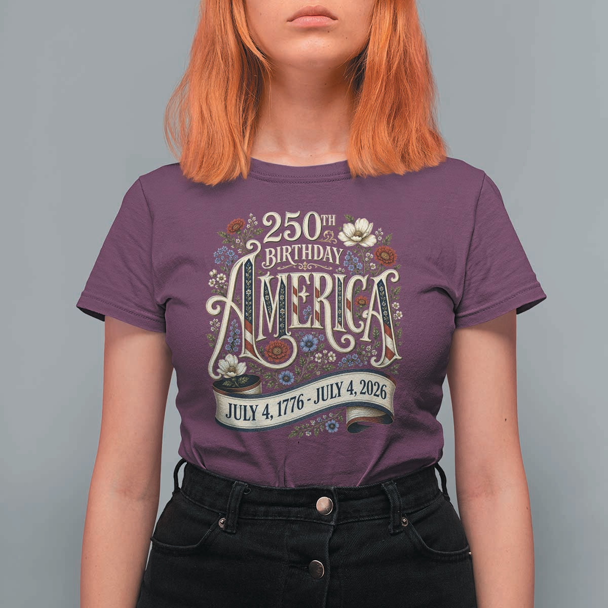 Floral America 250th Birthday T Shirt For Women 4th of July America 250 Years Retro